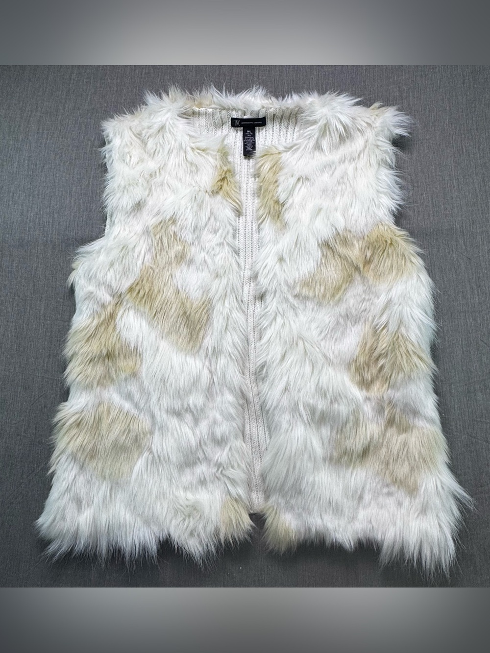 INC International Concepts Faux Fur Knit Vest Womens M/L Ivory Patchwork Boho